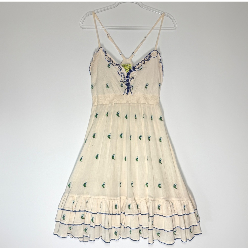 Anthropologie Floreat Cotton Embroidered Ruffle Dress Ivory Blue Floral Size 12 - Picture 3 of 15